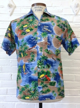 (S) 1950s rayon Hawaiian Shirt Never worn. Tikki tropical scenes!
