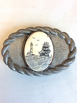 Vintage Belt Buckle! Ship approaching Lighthouse! Pewter! Charming!