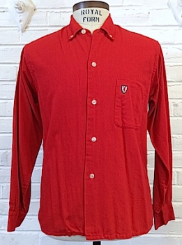 (M) mens Vintage 1950's Shirt! Bright Red GABARDINE w/ Black, Silver & Red Lion Shield!