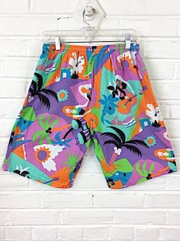 (27"-29") Men's Vintage 90's Unlined Swim Trunks! Fun in The Sun Luau Pattern, Orange, Green, Purple
