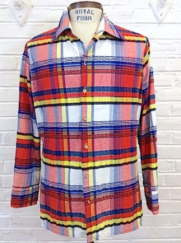 (M) Mens Vintage 1970's Shirt, Funky Madras Print, Red, Yellow, Blue As-is