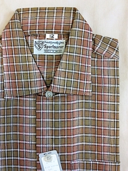 (30" chest) BOYS vintage 1950s short sleeved shirt! Taupe, Salmon & White Waffle Plaid!
