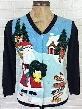 (Mens L) Ugly Xmas Sweater Cardigan! Blue w/ Santa Flying across Your Back! As-Is