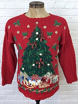 (mens M) Ugly Xmas Sweater, Huge Beaded Xmas Treen Bells, Plaid Bows! As Is!