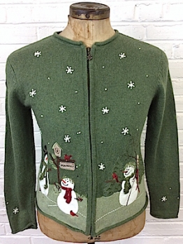 (mens L) Simple & Fun Ugly Christmas Sweater! Sage Green w/ Snowmen & Birdhouse!