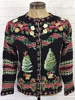 (mens Roomy M) Ugly Xmas Sweater! Black Knit Victorian Style Xmas Trees & Garland! Golds & Burgundys
