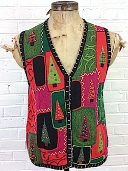 (mens L) super colorful Ugly Xmas Vest. Trees, Beads, Glitters. FUN! As-Is