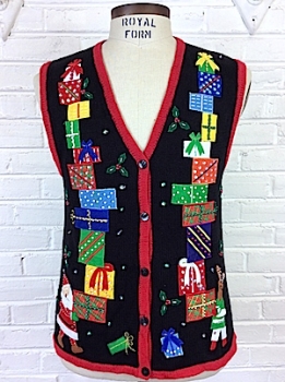 (mens S) Ugly Xmas Sweater Vest. Santa & Rudolph carrying Towers O'Gifts!
