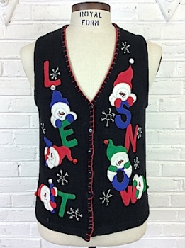 (mens Snug M) Ugly Christmas Sweater Vest. LET IT SNOW in Fuzzy Letters w/ Snowmen! As-Is