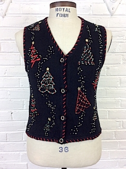 (mens XS) Ugly Xmas Vest. Black Knit with Beaded Xmas Trees, Red, Green, White, Gold!