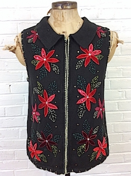 (mens Roomy L) Ugly Xmas sweater vest! Velvety Poinsettia w/Beads, Sequins, & Glitter