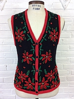 (mens XXS) Ugly Christmas sweater vest. RED POINSETTIA flowers with GOLD BEADS!