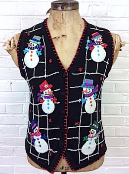 (Mens Snug M) Ugly Xmas Sweater Vest. Snowmen in Goofy Hats and Scarves, Fun colors!