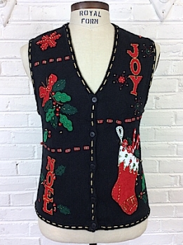 (mens S) Ugly Christmas Sweater Vest NOEL, JOY, and REAL BELLS. dingaling baby!