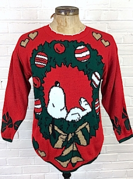 (mens S-M) SNOOPY Christmas sweater! Red, green, GLITTERY GOLD. soft n' snuggly.