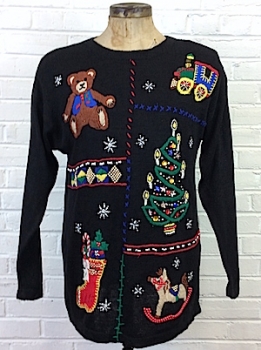 (mens M) Ugly Christmas Sweater. Beads & Rhinestones, Teddy Bear, Train, Tree, etc...