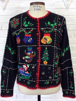 (Mens M) Ugly Xmas Sweater Cardigan! SnowFlakes, Teddy, Bells, Tree and Santa in his Sleigh!