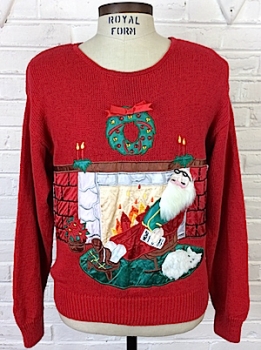 (Mens L) Ugly Xmas Sweater! Santa Sleeping w/ His Fluffy Cat Next to a Satin Fireplace!
