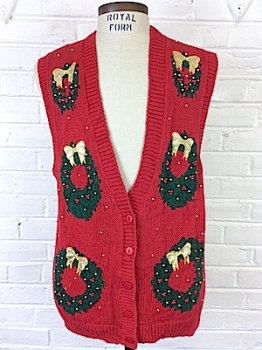 (mens S) Ugly Xmas Sweater Vest! Red Knit w/ Green Wreaths w/ Gold Bows & Shiny Beads!