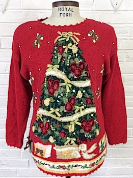 (mens M) Ugly AWESOME Christmas tree sweater w/glitter GOLD bow