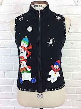 (Kids 33" Chest) Ugly Xmas Sweater Vest! Silly Snowman Totem & One Snowman Watching!