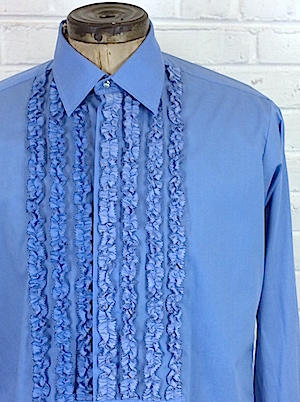 (XL) Mens 1970's Ruffled Tuxedo Shirt! Blue w/ 7 Rows of Ruffles In 2 ...