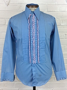 (XS) Mens 1970's Ruffled Tuxedo Shirt! Blue w/ One Row Of Ruffles & Pink Lace!