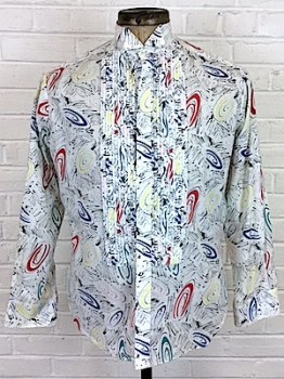 (XS) Mens Vintage 70s/80s Pleated Front Tuxedo Shirt in White W/ Wild Colorful Swirls!