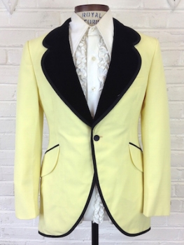 (36) Mens Vintage 1970s Tuxedo Jacket. Sunny Yellow w/ Black Trim & Velvet Lapels!