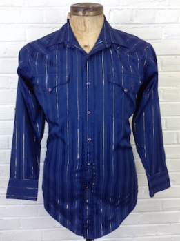 (L) Men's Vintage Western Shirt! Navy Blue w/ Gold Shimmery Pin Stripes! As Is.