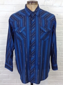 (2XL) BIG MAN Vintage Wrangler Western Shirt! Navy Blue & Black w/ Silver Shimmer & Stripes!