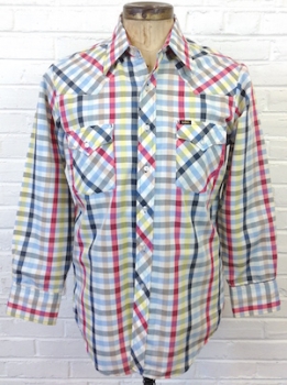 (XL) Mens 70s Western Shirt! Blue, Red, Yellow, Tan & White Plaid!