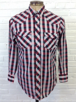 (L/XL) Mens 70s Western Shirt! Red, Black & White Plaid Outlined w/ Yellow, Blue & Teal!