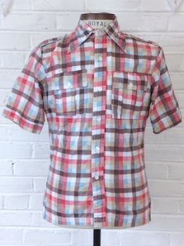 (M) Men's Vintage 70s Short Sleeve Disco Shirt! Shades of Brown, Blue & Red Plaid!