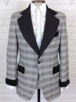 (37) Mens 1970s Tuxedo Jacket! Black & White Shimmer Plaid w/ Velvet Collar & Satin Lapels!