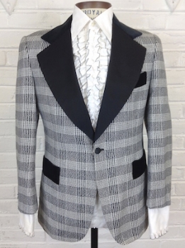 (39) Mens 1970s Tuxedo Jacket! Black & White Shimmer Plaid w/ Velvet Collar & Satin Lapels! As-Is