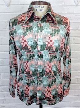 (L) Mens Vintage 70s Disco Shirt! Wild Snakeskin-esque Pattern in Peach, Tan & Green!