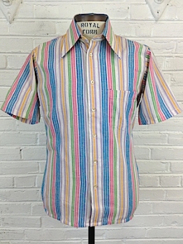 (M) Mens Vintage 70s Short Sleeved Disco Shirt! Pastel Rainbow Stripes!