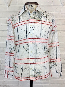 (M) Mens Vintage 70s Disco Shirt! Lacey White w/ Gray, Taupe & Red Plaid & Flowers!