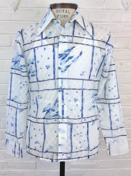 (M) Mens Vintage 70s Disco Shirt! Lacey White & Shades of Blue w/ Plaid & Flowers!