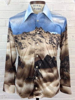 (L) Mens Vintage 70s Disco Shirt! Mountain Landscape in Shades of Blue & Brown!