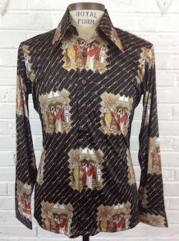 (M/L) Mens Vintage 70s Disco Shirt! Cocktail Party w/ Toggle Chain Print! Dark Brown!