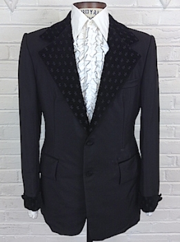 (40) 1970s Tuxedo Jacket! Black Velvet & Fluer De Lis Pattern Lapels!