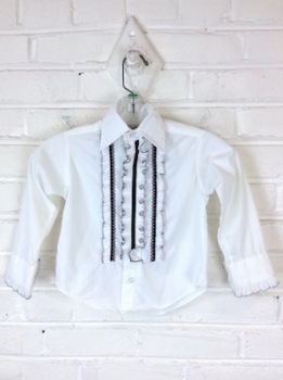(24" Chest) Boy's Vintage 70's Ruffled Tuxedo Shirt! White w/ One Black Trimmed Center Ruffle! As-Is