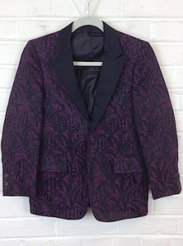 (32" Chest) Boys Vintage 1970s Tuxedo Jacket. Violet w/ Wild Black Lace-y Pattern!