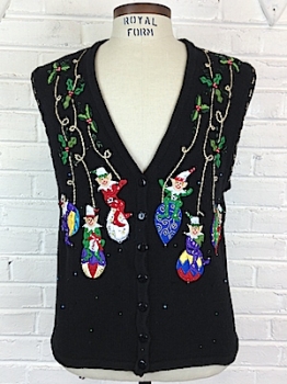 (mens S) tacky XMAS sweater VEST. Silly Elves dangling from ornaments on golden strings.