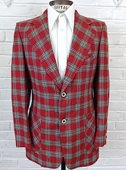 (39) Mens Vintage 70s Wool Disco Blazer! Groovy Red, Cream & Gray Plaid! As-Is
