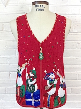 (Mens XS) musical instrument playing snowmen Ugly Xmas Vest