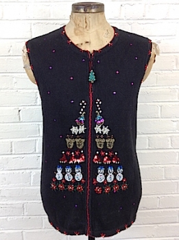 (mens XL) Ugly Christmas sweater vest. BEADED designs tree, snowmen
