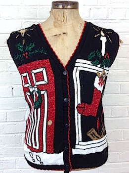 (mens M) Ugly Xmas sweater vest. SOFT! Door w/wreath. Stocking w/teddy bear!